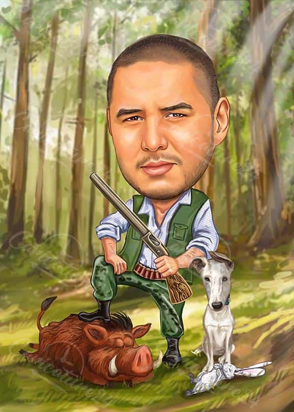 Jäger Karikatur mit einem Hund