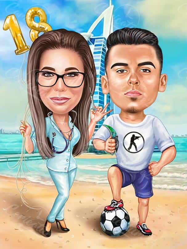 Karikatur Paar im Urlaub in Dubai