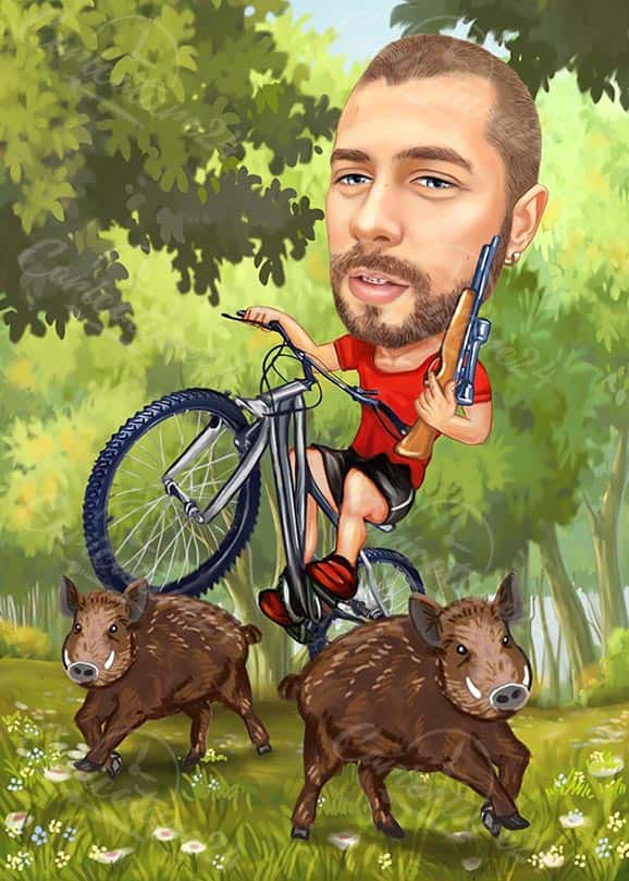 Jäger Karikatur auf einem Fahrrad