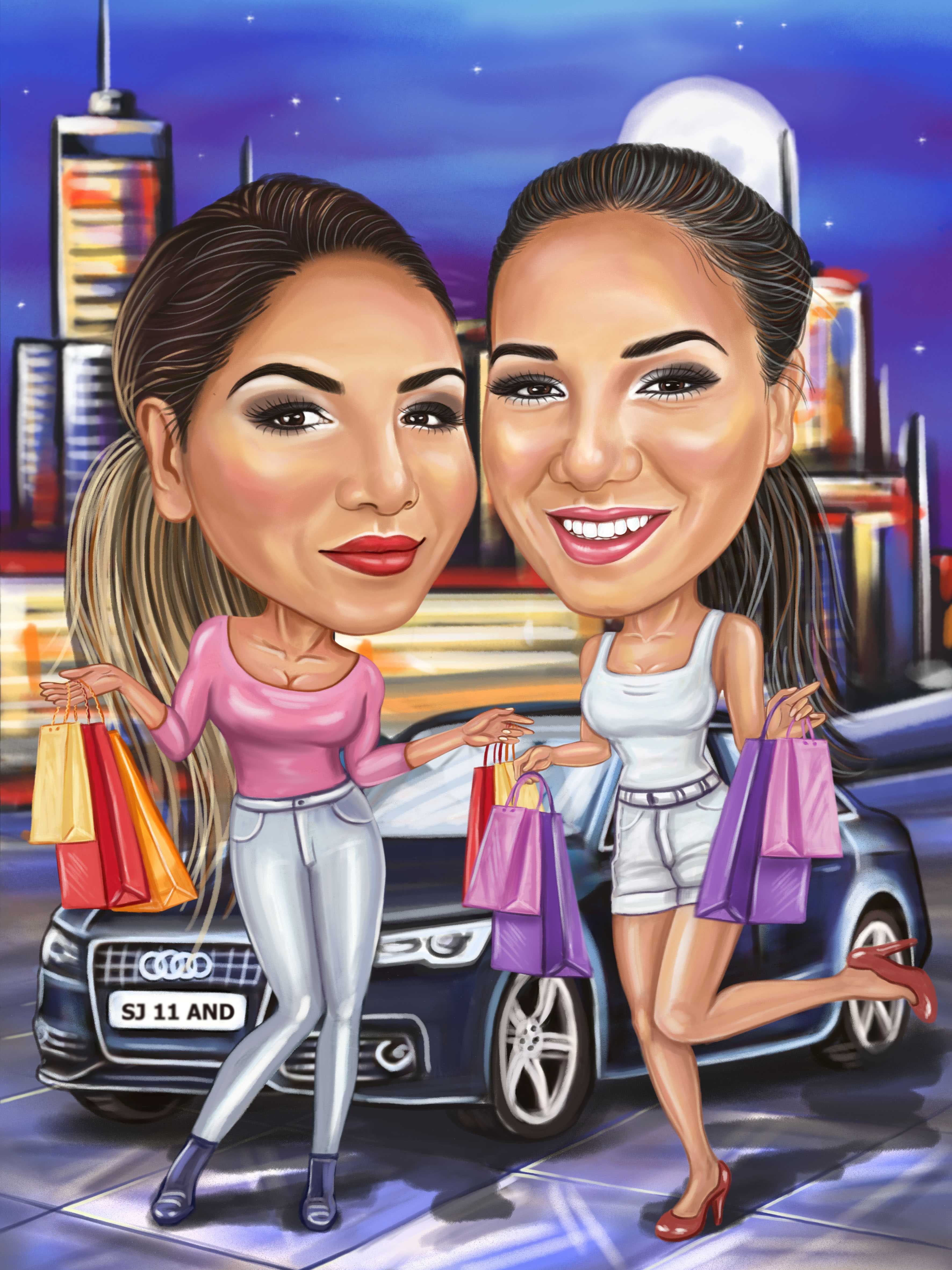 Karikatur der Freundinnen mit einem Auto