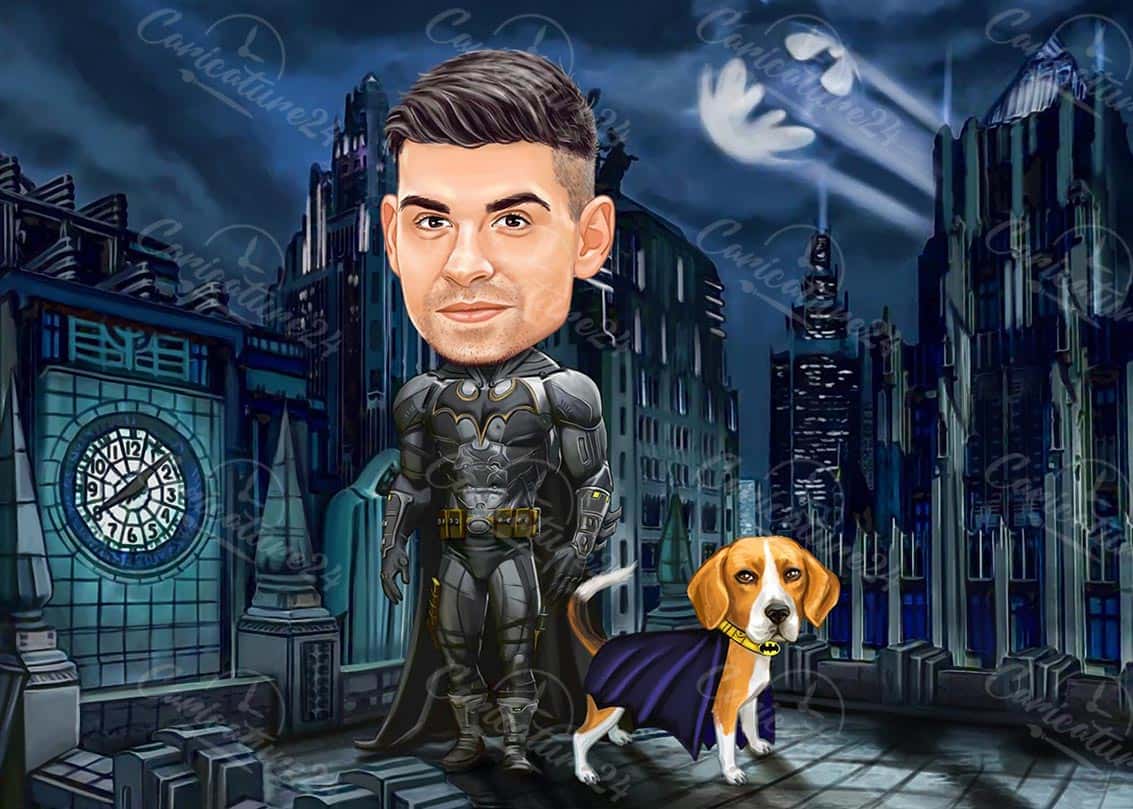 Fledermausmann Karikatur in Gotham City