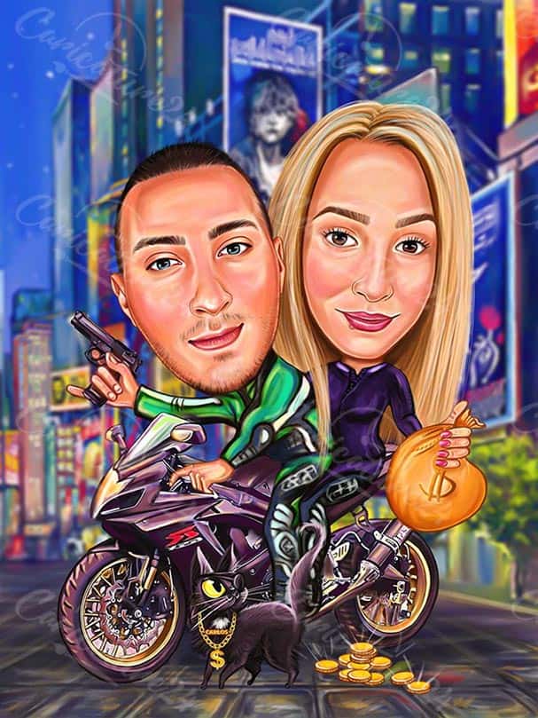 Paar Karikatur mit Motorrad und Gold