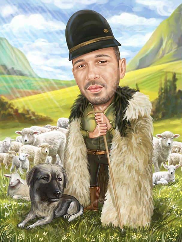Schaf Karikatur mit Bauer