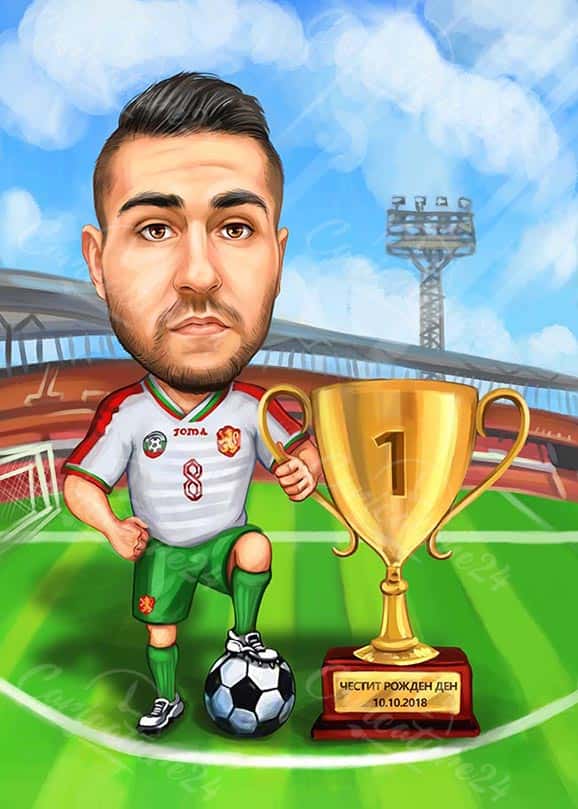 Fußballspieler Karikatur mit einer Trophäe