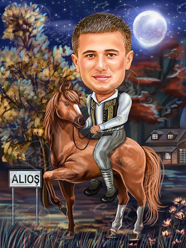 Mann mit Pferde Karikatur