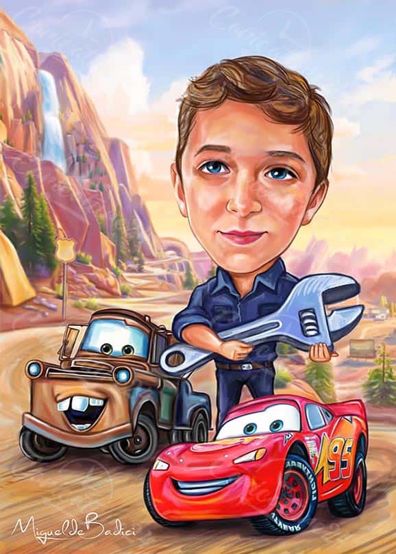 Junge mit Auto Karikatur