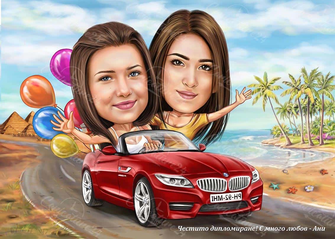 Nette Mädchen Karikatur in einem Auto mit Ballons