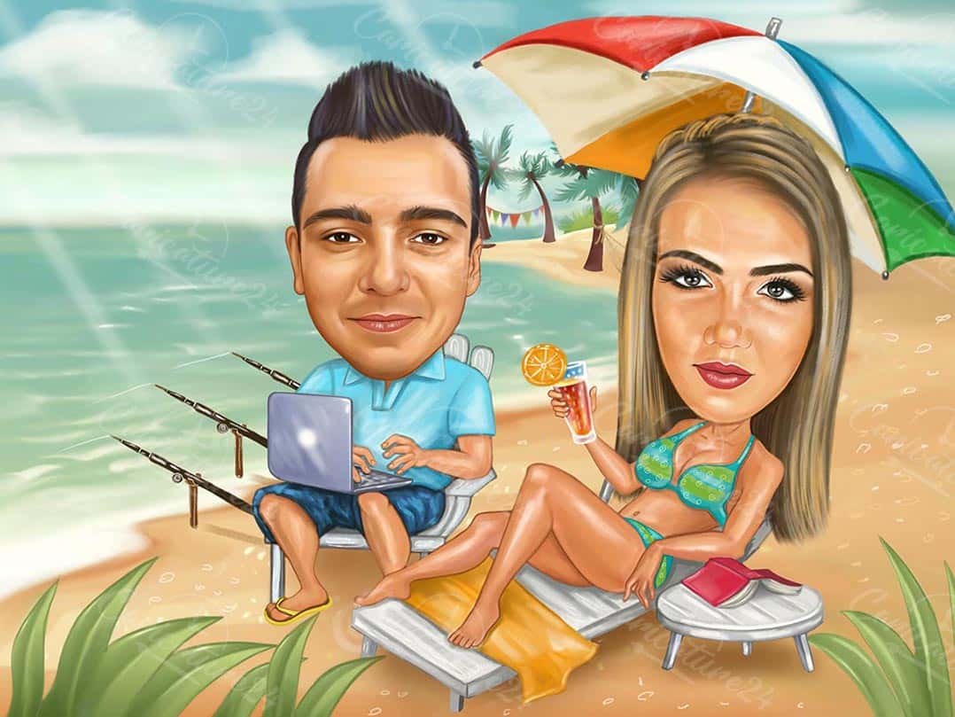 Programmierer mit Freundin am Strand Karikatur Geschenk
