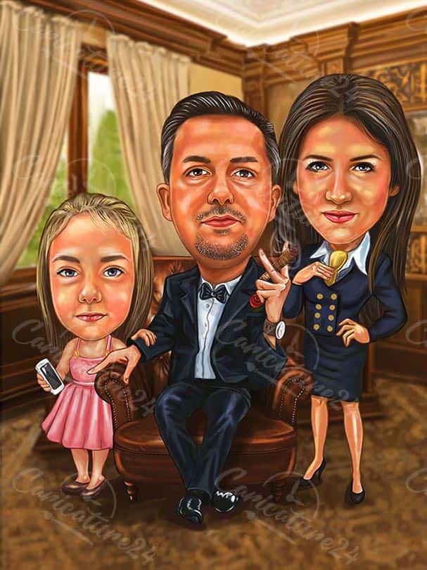 Bosskarikatur mit Frau und Tochter