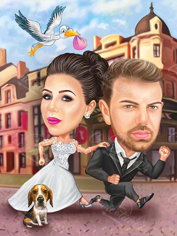 Hochzeitskarikatur mit einem Strork