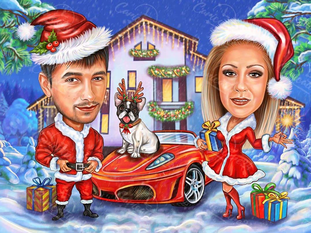 Weihnachtskarikatur mit Auto