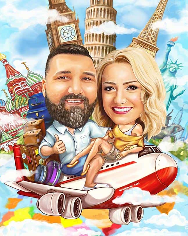 Reisekarikatur für ein Paar