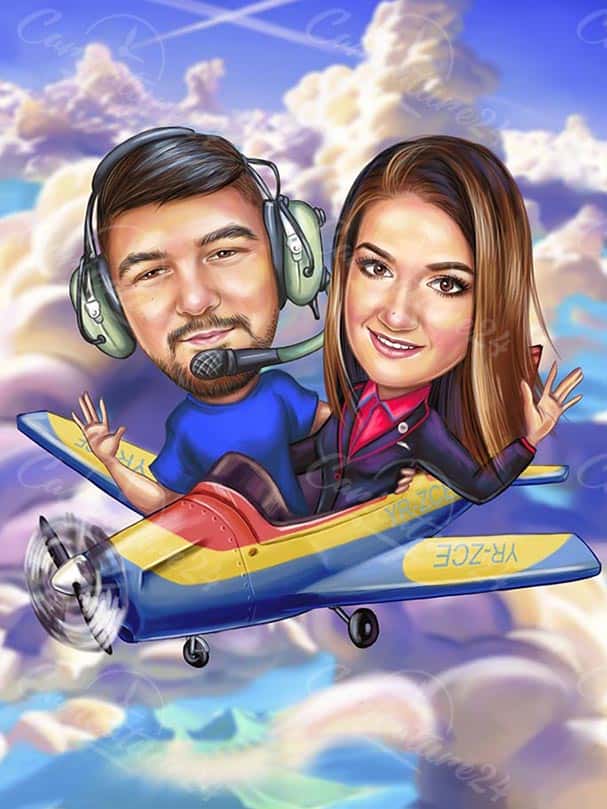 Pilotenkarikatur für Paar auf einem Flugzeug