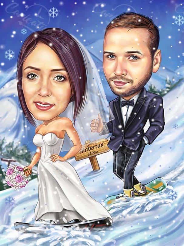 Winter Braut und Bräutigam Hochzeit Karikatur