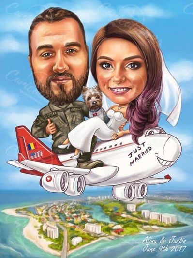 Hochzeit auf einer Flugzeug Karikatur